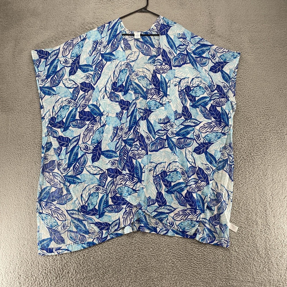 Sigrid Olsen Tropical Leaf Kimono Womens One Size Blue Linen Open Front Cardigan